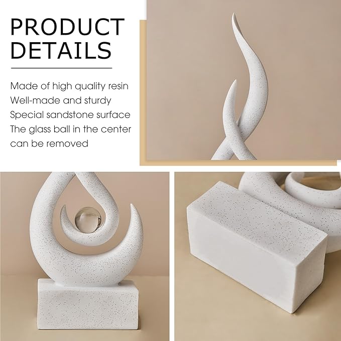 White Decor Modern Flame Statue Home Decorations for Living Room, 13.7" H Shelf Decor Accents, Abstract Art Resin Sandstone Sculpture for Dining Room Office Coffee Table Centerpiece (Sandstone White)