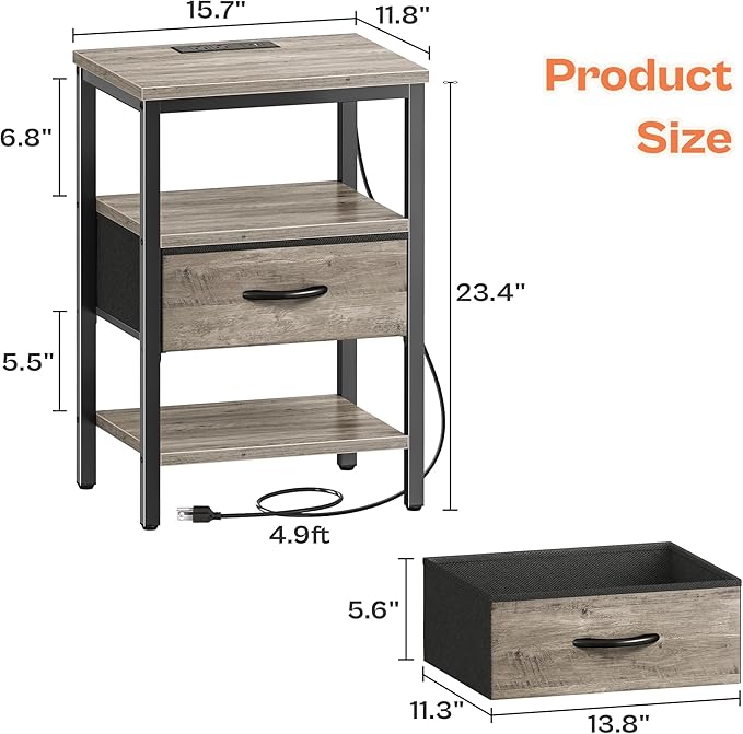 SUPERJARE Nightstand with Charging Station, Bed Side Table with Adjustable Fabric Drawer, Night Stand for Bedroom, 3-Tier Storage End Table, for Living Room, Oak