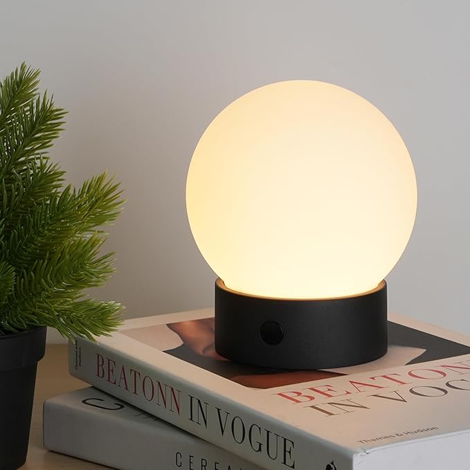 Small Cute Cordless Table Lamp Rechargeable, Battery Operated Shower Lamp Waterproof, Touch Dimmable Globe Ambient Light for Outdoor/Bedside/Patio/Dining (Black)