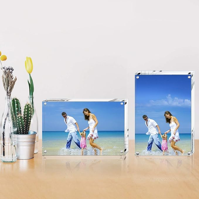 AMEITECH 6x8'' Acrylic Photo Frames 3 Pack, Magnetic Clear Acrylic Block Picture Frame, Desktop Frameless Photograph Display