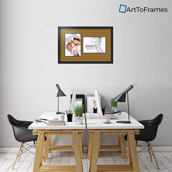 ArtToFrames Collage Photo Frame Double Mat with 2-8.5x12 Openings with Satin Black Frame and El Dorado mat.