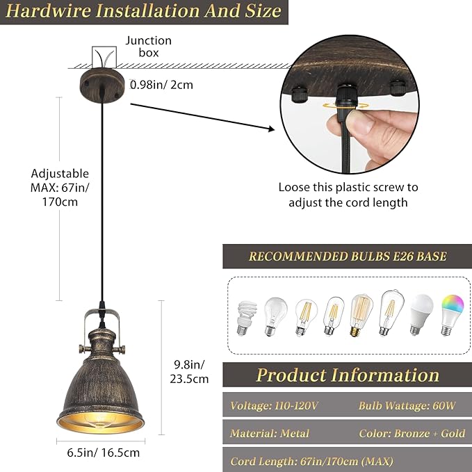 Bronze Pendant Lights Kitchen Island 3 Pack, Vintage Pendant Light, 6.5’’ Farmhouse Kitchen Light Fixtures, Adjustable Height, Pendant Lighting for Dining Room, Living Room, Sink, Bar
