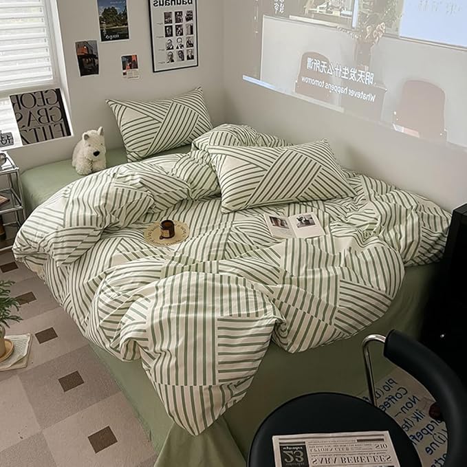 VM VOUGEMARKET Green Stripes Duvet Cover King,Instagram Style Geometric Duvet Cover with Zipper Ties 100% Cotton Modern Fashion Bedding Set for Teens Adults