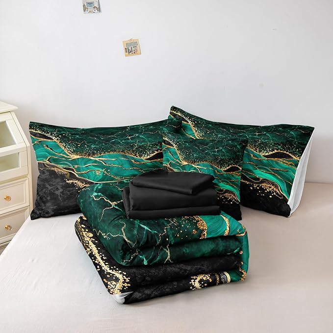Black Gold Comforter 8 Pieces Queen Bed in a Bag, Emerald Green Marble Bed Set with Comforter, Fitted Sheet, Flat Sheet, Matching Pillowcases, Abstract Bedding Set for All Season