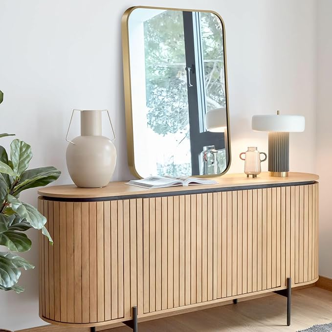 Gold Mirror, 24x32 Inch Framed Rectangle Mirror with Rounded Corner, Brushed Brass Mirror, Gold Bathroom Mirror for Over Sink, Vanity, Living Room, Bedroom, Horizontal/Vertical