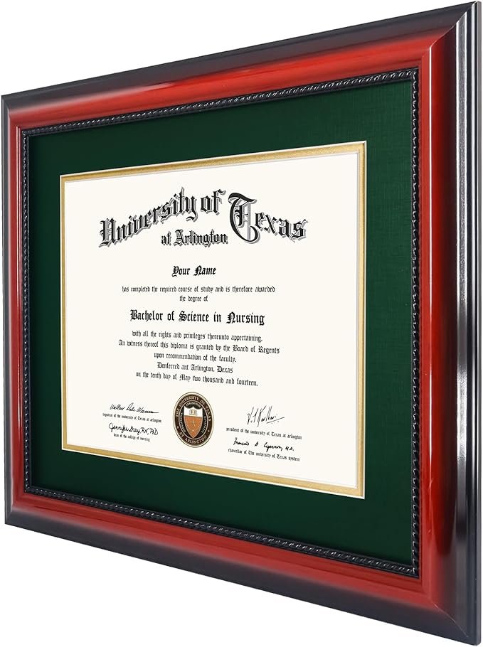 11x14 Diploma Degree Frame with Green Mat or Display 15x18 Certificates without Mat,Solid Wood,Cherry Finish with Intricate Black Rope Detail,UV Protection Acrylic