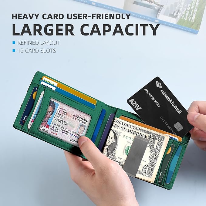 Zitahli Slim Wallet for Men Gifts 12 Card Slots ID Window With Money Clip Minimalist RFID Front Pocket Bifold Leather Small Thin Gift Box Dad Birthday Christmas Regalos Hombres