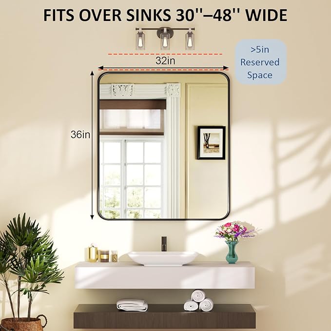 32×36 Bathroom Mirror for Vanity - Rustproof Framed Wall Mirror with Explosion-Proof Tempered-Glass & Rounded Corners for Over Sink, Bedroom, Entryway, Modern Matte Frame, Horizontal/Vertical
