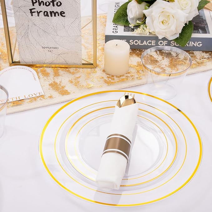 DaYammi 350PCS Clear Gold Plastic Dinnerware Set for 50 Guests, Fancy Disposable Plates for Party, Include: 50 Dinner Plates, 50 Dessert Plates, 50 Pre Rolled Napkins with Gold Silverware, 50 Cups