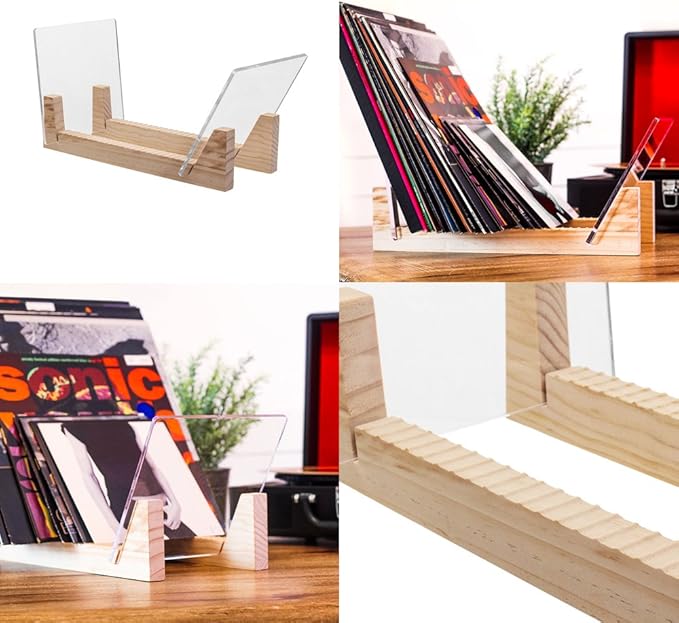 KAIU Vinyl Record Storage Holder - Solid Wood with Crystal Clear Acrylic Holder - Premium Design, Perfect 12" LPs or 7" Singles Display Unit - Stores and Supports up to 50 Albums (Natural)