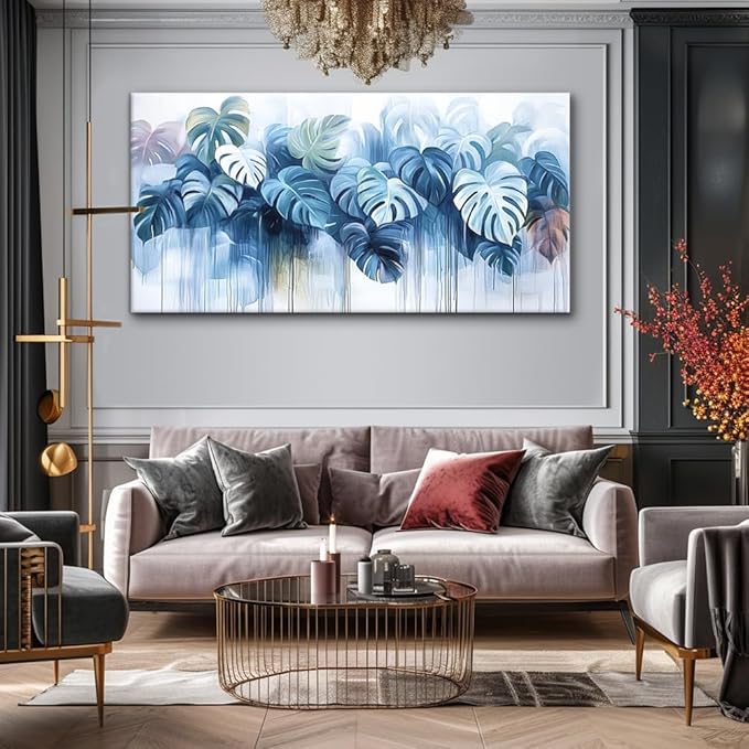 Navy Blue Plant Wall Art for Living Room Office Canvas Painting Prints Nature Artwork Dining Room Bedroom Decor (16x30 Inches)
