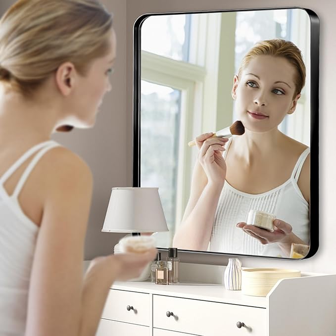 24x36 Inch Black Bathroom Mirror, Brushed Metal Framed Rectangle Mirror with Rounded Corner, Black Bathroom Vanity Mirror for Bedroom or Living Room, Horizontal/Vertical