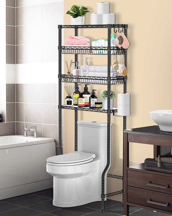Bathroom Organizer Over The Toilet Storage, 4-Tier Metal Bathroom Over Toilet Storage Shelf Rack Freestanding Space Saver with Adjustable Shelves and Baskets, Black