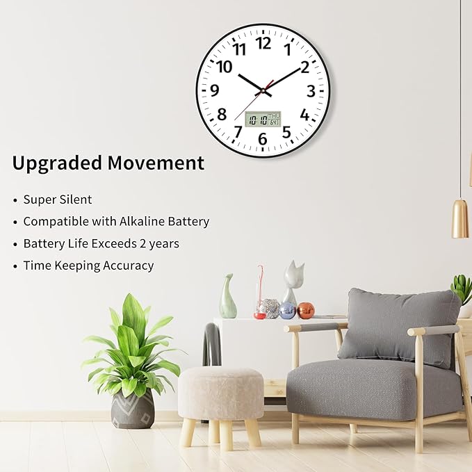 Foxtop Digital Wall Clock with Time, Day of Week and Temperature, Silent Non-Ticking Battery Operated Round Digital and Analog Wall Clock for Classroom Office Bedroom Home School (12 Inch, Black)