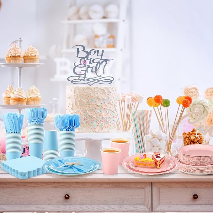 200 Pcs Light Blue Plates and Napkins, 25 Guest Spring Party Supplies Include Scalloped Paper Plates Napkins Cups Plastic Spoons Forks Knives Disposable Tableware Set for Baby Shower