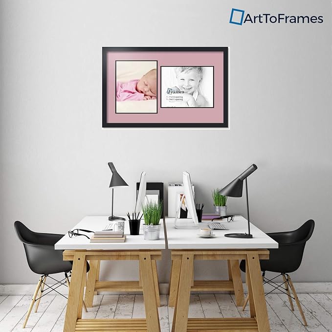 ArtToFrames Collage Photo Frame Double Mat with 2-11x14 Openings with Satin Black Frame and Seashell mat.