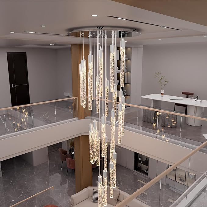 Flashing God High Ceiling Chandeliers Long Spiral Chandeliers for Entryway H144inch Modern Crystal Chandelier for Staircase Foyer Living Room Sloped Ceilings Light Fixture
