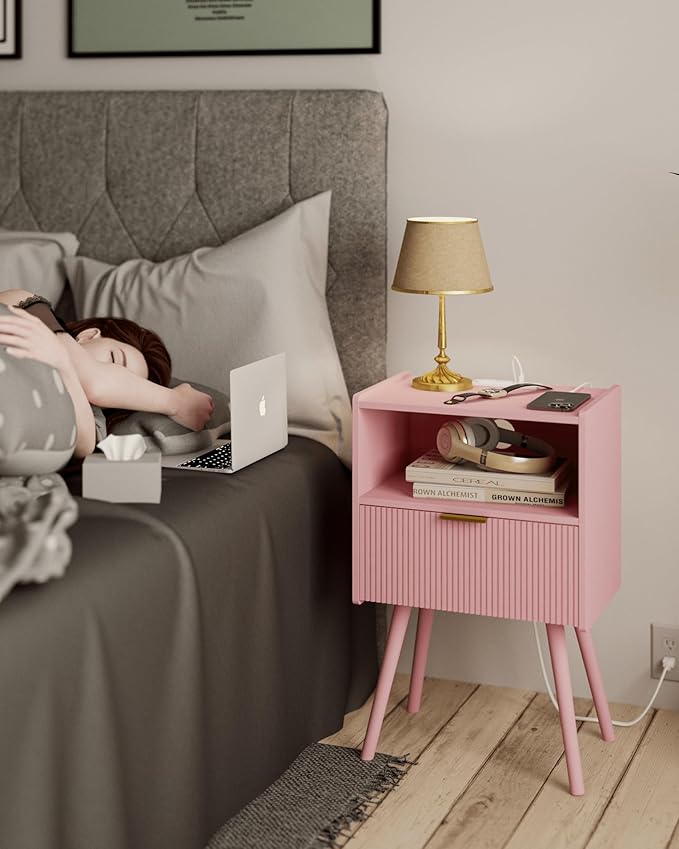 Nightstand with Oultlet,Modern Bedside Table with Storage Drawer and Open Wood Shelf, for Living Room, Bedroom and Small Spaces, Accent Night Stand with Solid Wood Legs, Easy Assembly,Pink