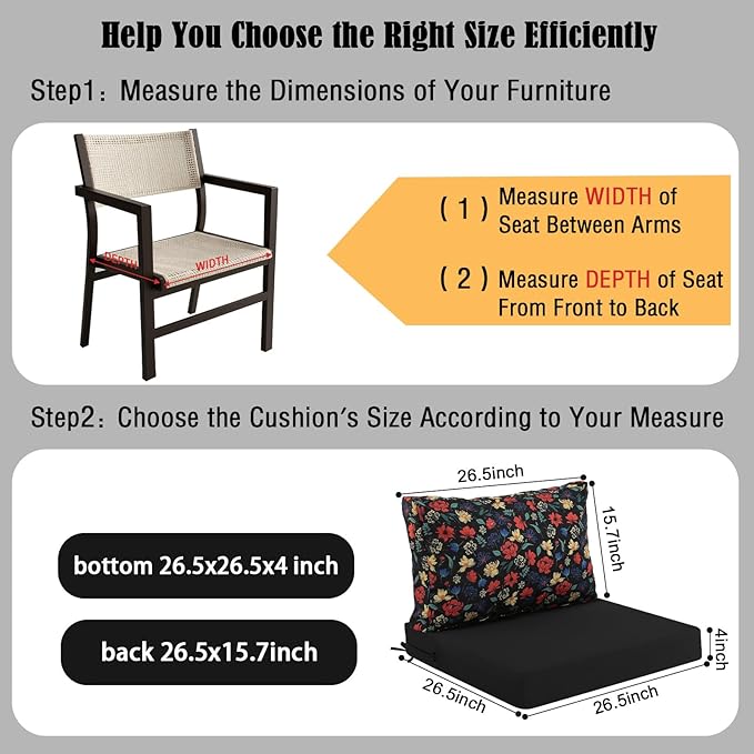 idee-home Outdoor Cushions for Patio Furniture, Outdoor Seat Cushion, Waterproof Hampton Bay Deep Seat Replacement Couch Chair Cushions for Garden Lawn Backyard Deck, 26.5 x 26.5 Floral Pattern