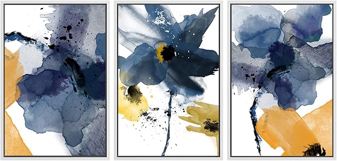 SIGNWIN Framed Canvas Wall Art Blue and Orange Blossoms Botanical Flower Watercolor Modern Art Tropical Relax/Calm for Living Room, Bedroom, Office - 24"x36"x3 White