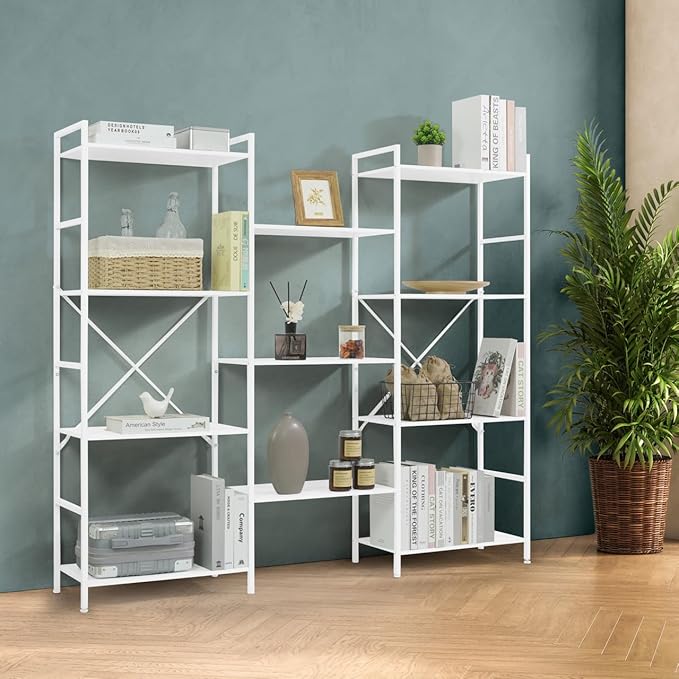 CAPHAUS Triple Column 4 Tier Bookshelf, Industrial Triple Bookcase with 11 Open Display Shelves, Adjustable Wide Shelf for Living Room, Bedroom, Home and Office, White