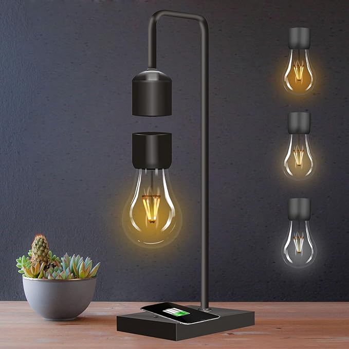 Magnetic Levitating 3 Colors Bulb Lamp with Wireless Charging Pad Levitation Floating Table Lamp LED Night Light for Bedroom Decoration Desk Toy Office Decor Christmas Gift