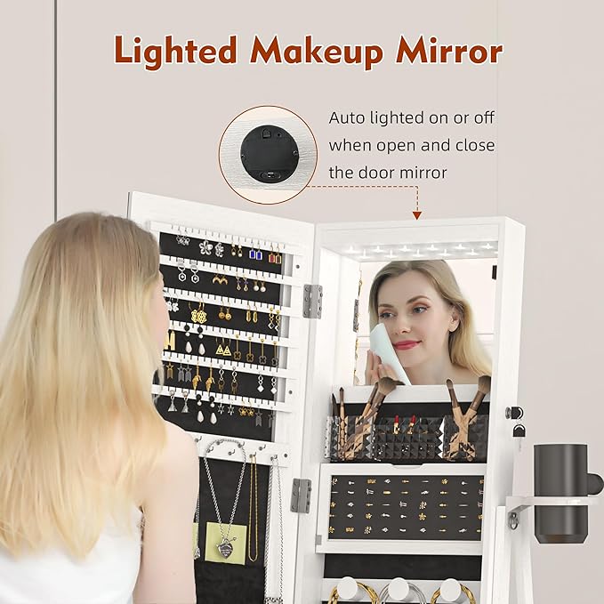 Mirror Jewelry Cabinet Standing, 360° Swivel Jewelry Armoire with 6 LED Lights, Rotatable Mirror Jewelry Organizer, White