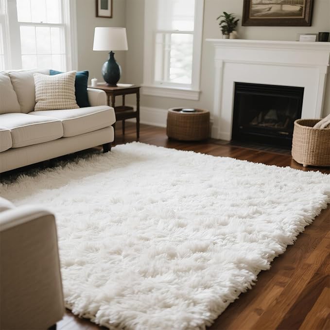 Area Rugs for Bedroom Living Room, 9x12 Soft Large Fluffy Fuzzy Shag Plush Furry Carpet, Soft Indoor Floor Mat for Kids Nursery Home Dorm Office Decor Aesthetic, White