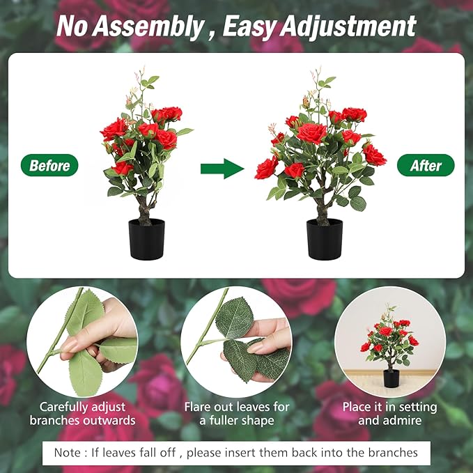 Romantic season 2Pack Artificial Rose Flower Trees, 24Inch Red Faux Rose Tree with Green Leaves for Living Room Office Home Outdoor Indoor Decor