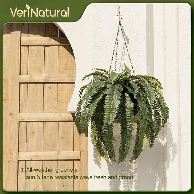48" Artificial Boston Fern Hanging Plants with Basket - UV Resistant Fake Plant for Outdoor Indoor - Large Realistic Faux Greenery for Front Porch, Front Door, Patio Decor, Set of 2, VN142