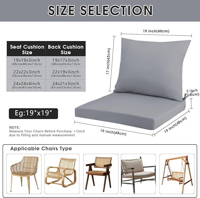 Outdoor Seat Cushion Set 22 x 22 In, Water-Resistant & Fade-Resistan, Patio Furniture Cushions with Removable Cover Deep Seat & Back Cushion with Handle and Adjustable Straps for Chair Sofa,1PC