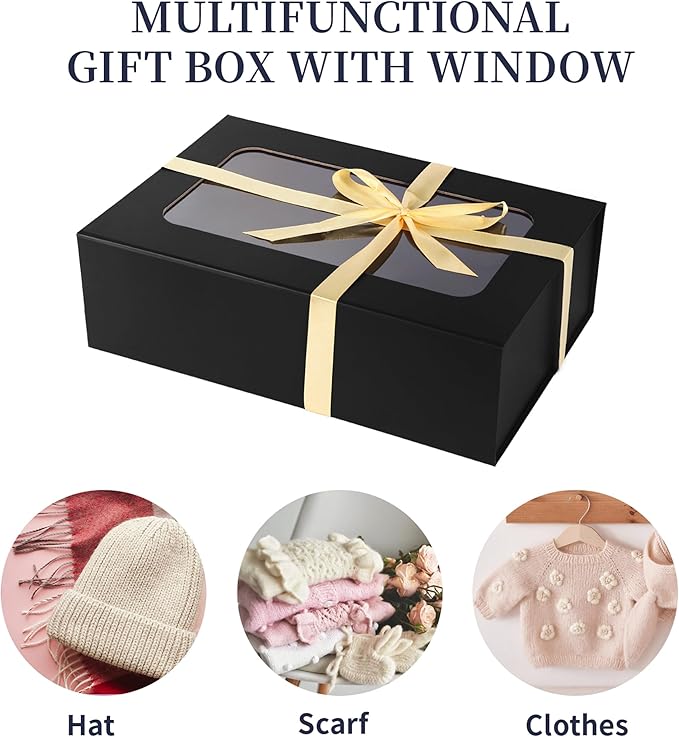 TIACABO Black Large Gift Box with Window, 13.5"x9"x4.3" Bridesmaid Boxe for Gifts Giving,Birthday Gift Boxes with Magnetic,Closure Lid Gifts Box for Presents,Cute Boxe,Luxury for Gift Packaging