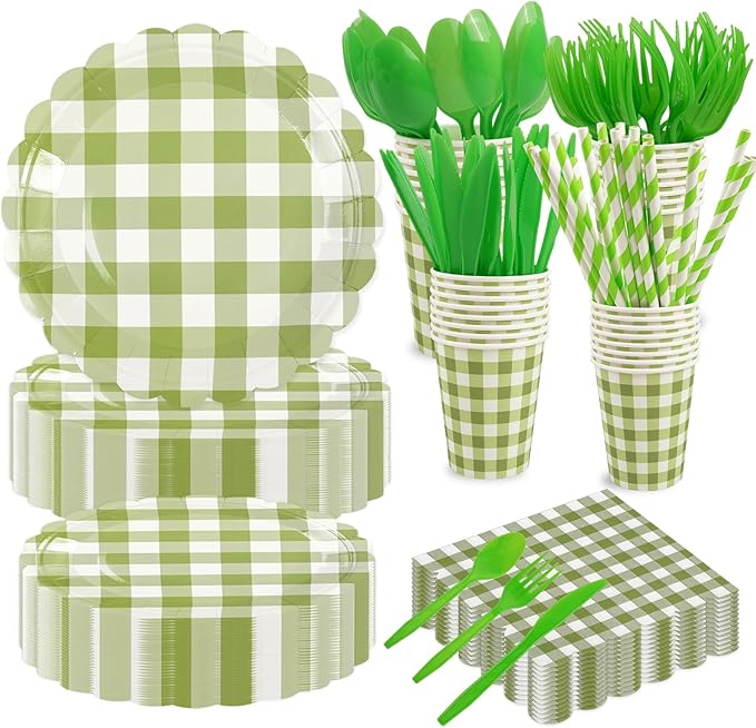 400PCS Sage Green Gingham Party Supplies, Scalloped Disposable Tableware Set Includes Paper Plates Napkins Cups Straws Forks Knives Spoons for Baby Shower Birthday Wedding Decorations, Serve 50