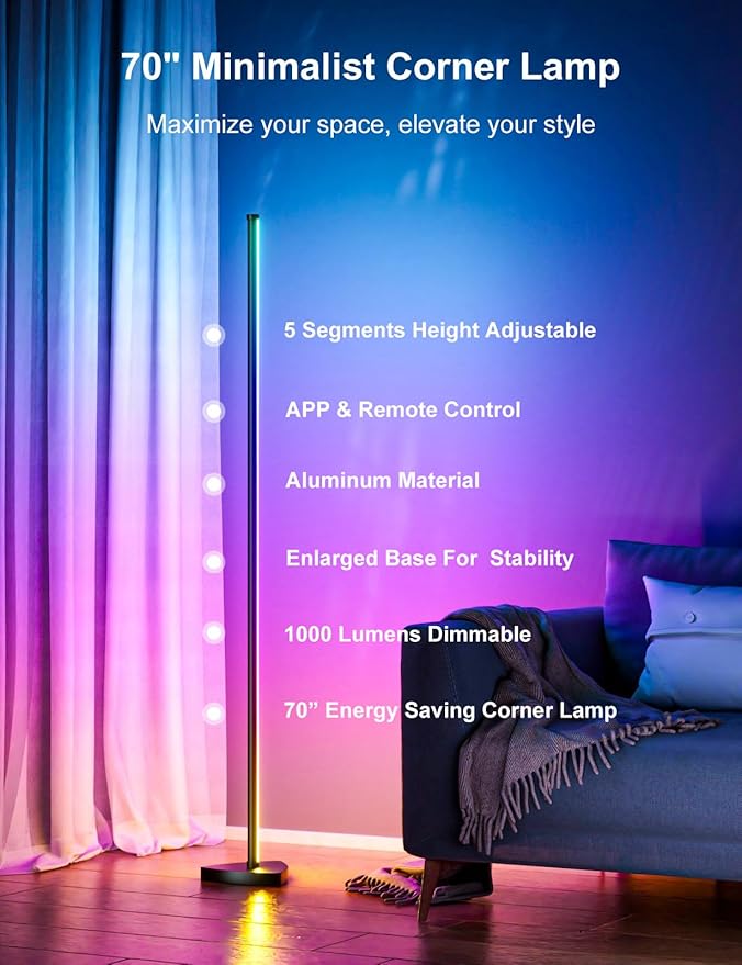 Corner Floor Lamp, 70" LED Floor Lamp with APP and Remote Control, 16 Million Colors & Warm White Dimmable, Music Sync, Timer, Color Changing Ambient Light for Living Room, Bedroom, Game room