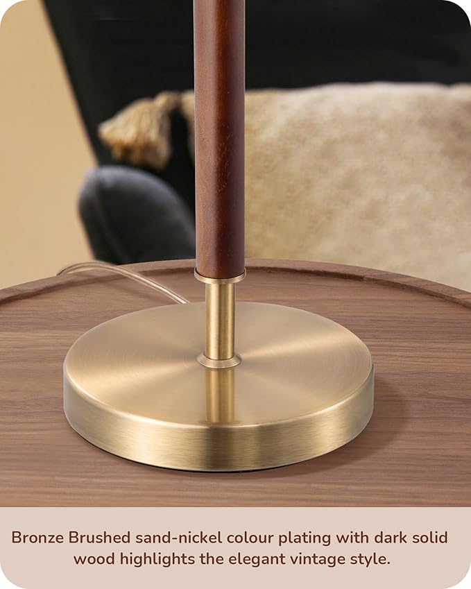 EDISHINE Mid Century Table Lamp Set of 2, Pull Chain Switch Bedside Lamp, Linen Shade, Solid Wood Pole & Bronze Brushed Metal Base, Modern Nightstand Lamp for Bedroom, Living Room, Office, E26 Base