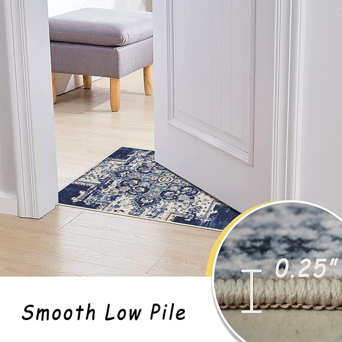 vivorug 5x7 Area Rugs - Ultra-Thin Washable Rug with Non-Slip Backing, Ideal for Living Room, Bedroom, Kitchen Floor Carpet - Vintage, Easy Clean, Durable, Navy Blue