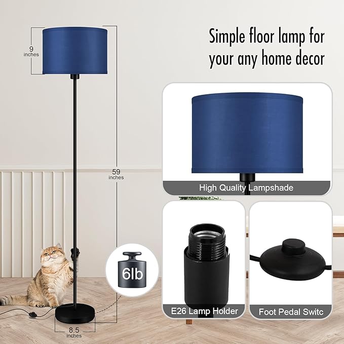BoostArea Floor Lamp Blue, Standing Lamp, Small Floor Lamps for Living Room, Simple LED Tall Lamp with Lampshade, On/Off Foot Switch, Corner Pole Lamps for Bedroom/Office/Kids' Room(Without Bulb)