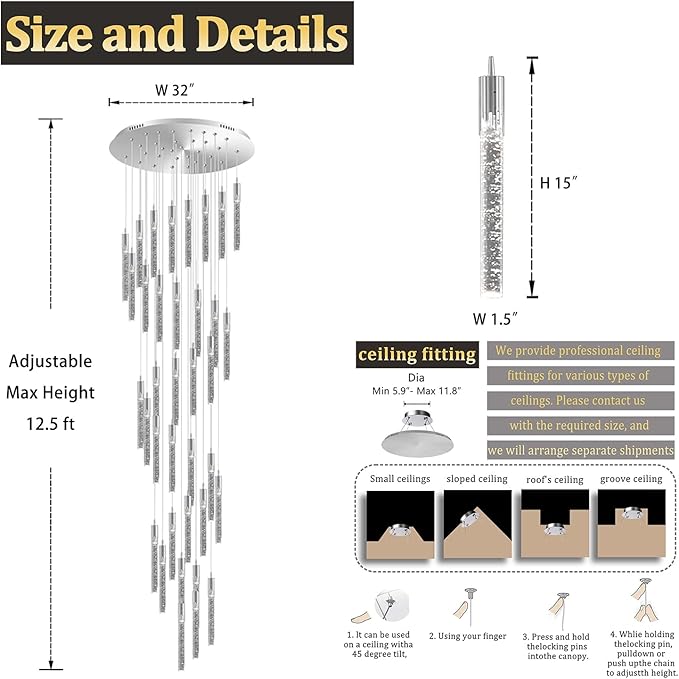 Flashing God H150 High Ceiling Chandelier 36-Lights Chrome Chandeliers for Entryway Crystal Drop Light Large Long Staircase Chandelier Light Fixture for Foyer Hallway Living Room