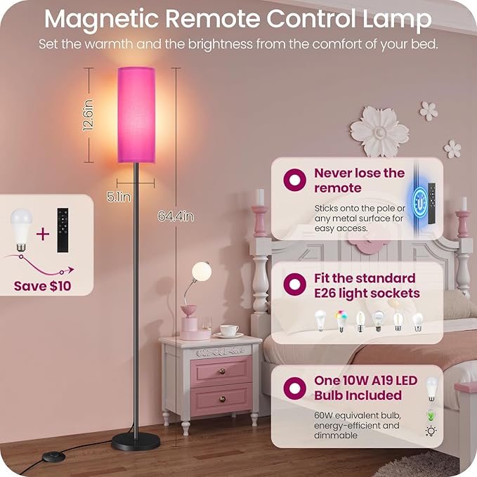 Dimmable Purple Floor Lamp for Living Room with Remote and Foot Switch, Corner Floor Lamp for Bedroom, 66" Standing Tall Lamp, 10W 900LM Bulb Included, 3000K-6500K, Linen Shade, FCC Listed Z06LD05W1