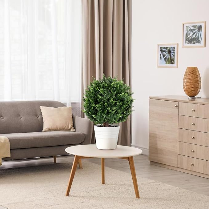 22''T Artificial Cedar Topiary Ball Tree 2 Pack, Artificial Bushes Fake Plants for Outdoor, Uv Resistance Rated Great for Outdoor, Indoor, Front Door Decor - Easy to Install.