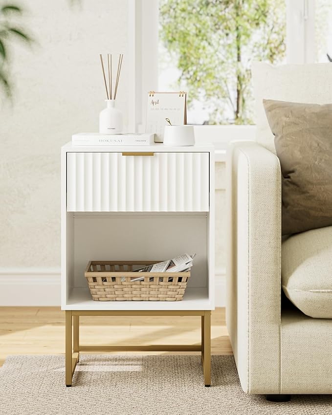 Masupu Fluted Nightstand,Modern Night Stand Wood Bedside Table with Storage Drawer Side End Table for Bedroom,Living Room,Office,White