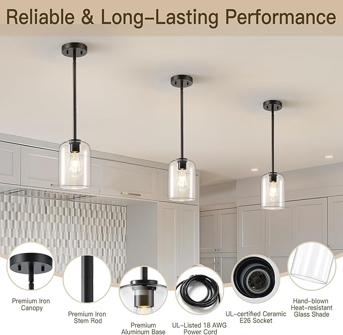 Black Pendant Light Fixtures, 6 Inch Clear Glass Shade Modern Farmhouse Pendant Lights Kitchen Island, Industrial Hanging Light Fixture Adjustable Stem Rod for Over Sink
