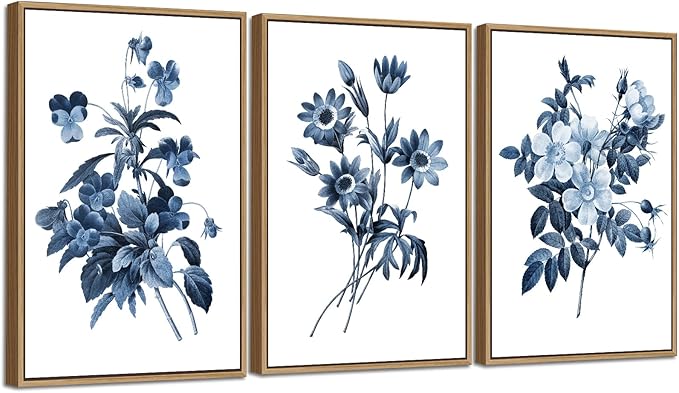 Large Framed Canvas Wall Art - Natural Float Framed Indigo Flowers Picturtes for Living Room Decor Retro Blue Floral Botanical Artwork Plants for Bedroom Kitchen Home Office Decor 72" X 36" Set of 3
