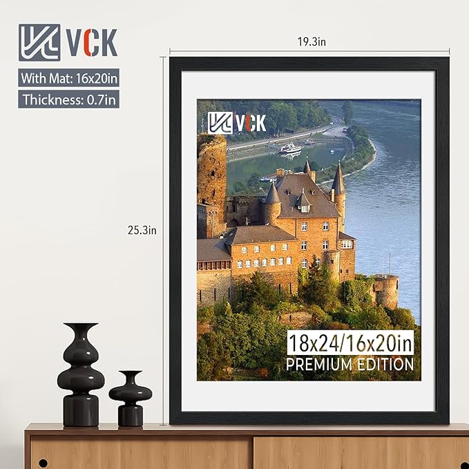 VCK 18x24 Poster Frame Black 5 Pack - with Mat 16x20, Textured Exclusive Solid Wood Picture Frame, Horizontal and Vertical Formats with Included Hanging Hardware