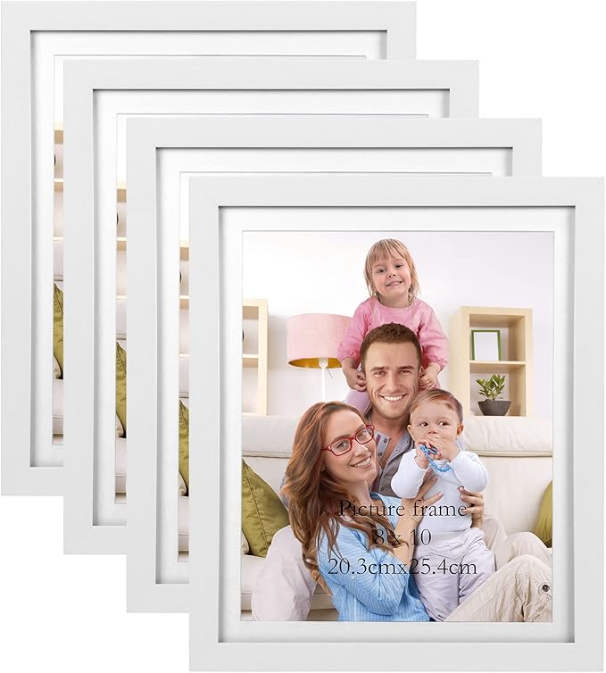 Giftgarden 8x10 Picture Frame Set of 4 White Wood Grain, 9x11 Frames Matted to 8” x 10” Photos with Mat for Wall or Tabletop