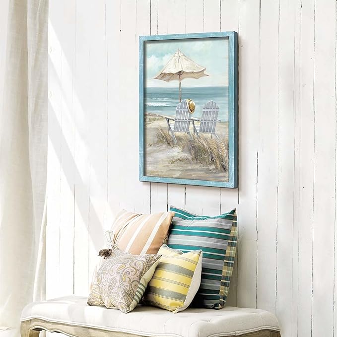 Abstract Beach Framed Wall Art - Coastal Chair Picture Modern Ocean Painting Prints Calming Seascape Wooden Artwork Decor for Bedroom