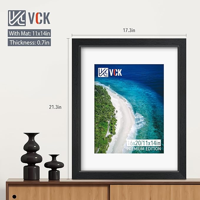 VCK 16x20 Picture Frame Set of 2 Display Pictures 11x14 with Mat or 16x20 Without Mat, Wall Gallery Poster Frames,Horizontal and Vertical Formats Black