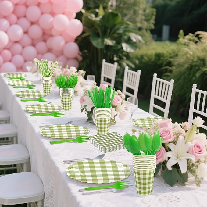 400PCS Sage Green Gingham Party Supplies, Scalloped Disposable Tableware Set Includes Paper Plates Napkins Cups Straws Forks Knives Spoons for Baby Shower Birthday Wedding Decorations, Serve 50