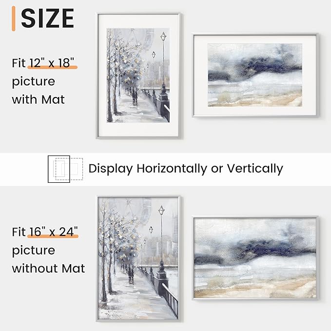 16x24 inch Metal Poster Frame - 16 x 24 Thin Aluminum Picture Frames Matted for 12x18 Photos, Artworks, Prints, Puzzle - High Definition Plexiglass - Vertical and Horizontal Display - Wall Hook Hanging Hardware Included - Silver, 4 Pack