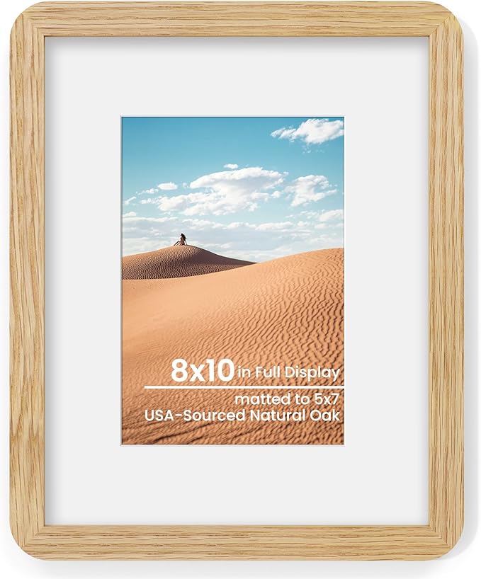 Dreamland 8x10 Round Corner Picture Frame, Solid Oak Photo Frame With Mat For 5x7, Plexiglass Framing Includes Hanging Hardware For Vertical Or Horizontal Wall Frame, Natural Oak, 1 Pack